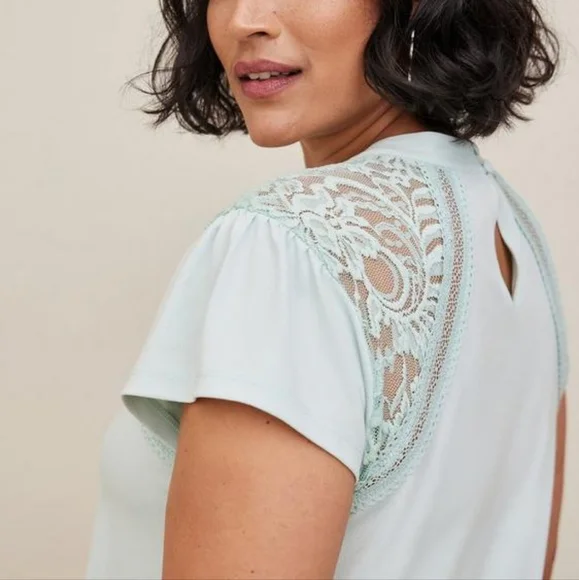 Torrid plus lace shoulders mock neck jersey knit top, 5X, mint blue/ aqua - Picture 3 of 13